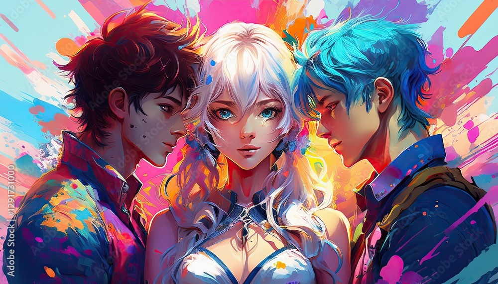 Poster dynamic digital art featuring colorful characters and emotional expression