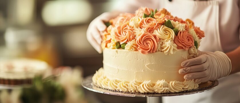 A cake adorned with intricate piped flowers being carefully decorated by a baker, showcasing artistry and skill in a vibrant, inviting setting.