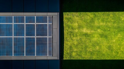 Aerial View of Modern Building Facade with Geometric Window and Lush Green Lawn
