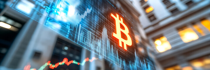 Bitcoin market trends financial district data visualization urban environment aerial view cryptocurrency insights