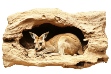 Kangaroo resting in hollow log during daylight, cut out
