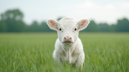 Obraz premium White calf in green pasture, rural landscape