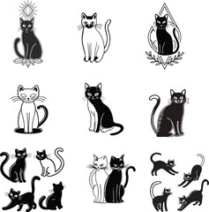 A premium set of black and white vector silhouettes of a cat's design