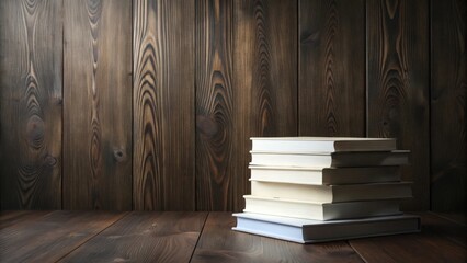 A Stack of Cream-Colored Books Resting on a Dark Wooden Surface Against a Rustic Wooden Wall