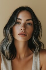 Fototapeta premium Portrait of beautiful english or french woman with shoulder-length hair, featuring blonde and black ombre hair color against neutral background with natural lighting. 