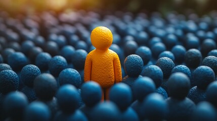 Obraz premium Group of People in a Row – All Blue Except One Yellow 