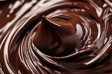 Close-up of swirling chocolate with its rich color and smooth texture creating attractive background for product presentation or packaging design. 