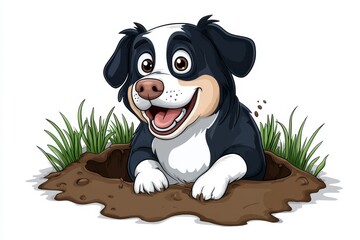 Obraz premium a 2D cartoon illustration of a dog digging a hole in the garden, fun and messy, white background
