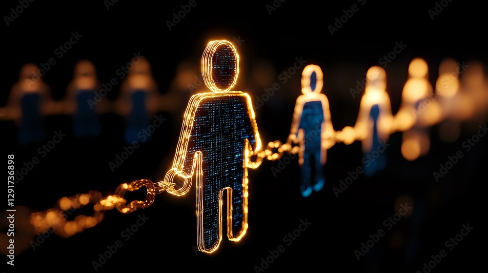 Poster glowing neon human figures in line formation against dark background create atmospheric perspective 