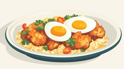 Fried Rice with Eggs on Plate, Food Illustration