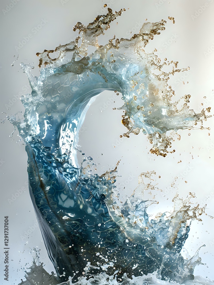 Poster dynamic ocean wave with gold and white splashes creates powerful movement against light background, 