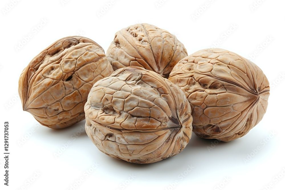 Poster fresh whole walnuts with textured shells isolated on white background, showing natural brown color a