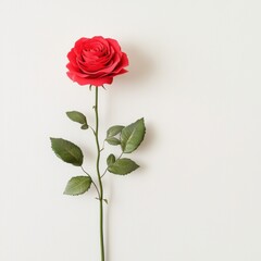 Obraz premium A beautiful red rose stands elegantly against a light background, showcasing its vibrant petals and lush green leaves.