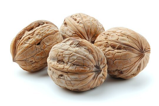 Fresh whole walnuts with textured shells isolated on white background, showing natural brown color and distinctive wrinkled surface pattern.