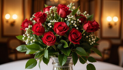 Obraz premium Elegant red rose bouquet in crystal vase, luxurious wedding decor