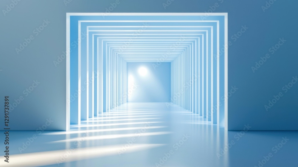 Poster a serene, illuminated hallway with geometric light patterns creates a sense of depth and tranquility