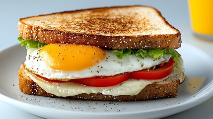 Fresh breakfast sandwich with sunny side up egg, melted mozzarella, ripe tomato slices and crisp lettuce between toasted whole grain bread slices on white plate.