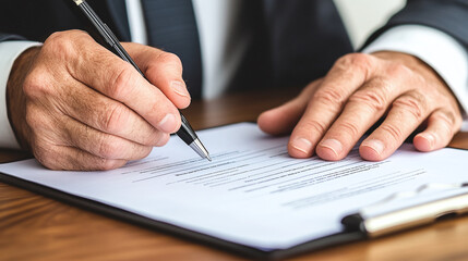 Signing a document. A man in a suit carefully signs a formal paper on a wooden desk, highlighting precision and attention to detail in the signing process.