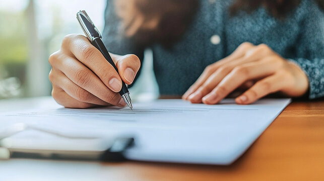 Filling Out a Form. Focused shot of an individual's hand using a pen to fill out a document on a desk. Close-up angle, clear focus on the writing.