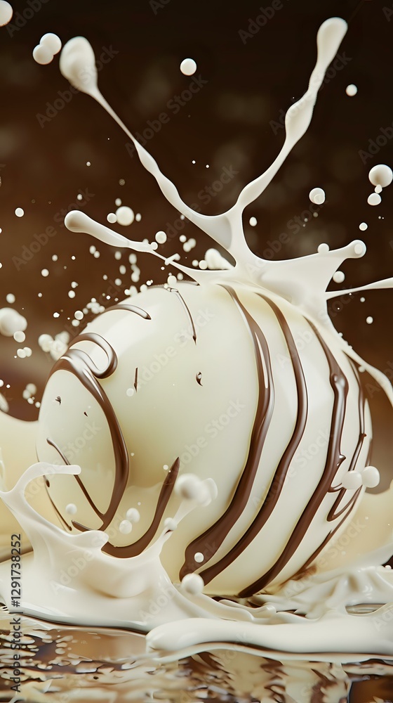 Poster white chocolate candy with dark stripes splashing in milk or cream creating dynamic drops and splash