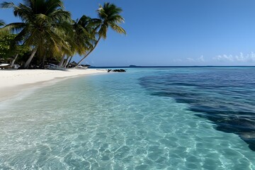 Pristine tropical beach with crystal clear turquoise water, white sand shoreline, and leaning palm trees against vibrant blue sky and calm ocean horizon.