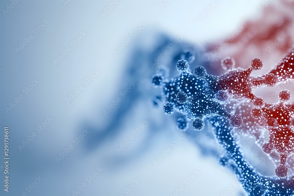 Poster abstract microscopic view of molecular structures in red and blue colors showing scientific research