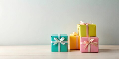Pastel Presents A Delightful Arrangement of Wrapped Gifts on a Light Wooden Surface