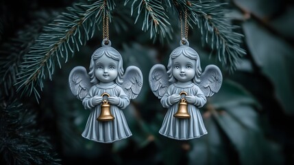 Pair of Decorative Angel Ornaments Holding Bells Suspended Among Evergreen Branches