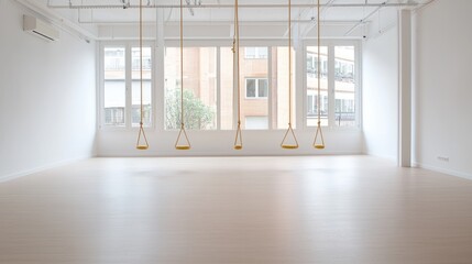 Obraz premium Empty yoga studio with swings, bright interior, urban view