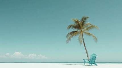 Relaxation on a Tropical Beach With a Blue Lounge Chair Under a Palm Tree Against a Clear Sky
