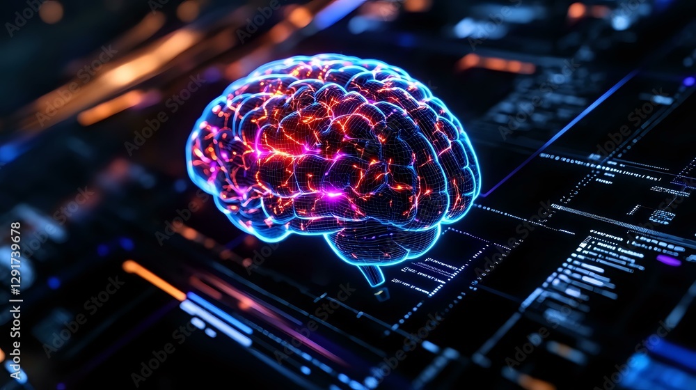 Poster glowing digital brain hologram with blue and red neon light effects floating over futuristic interfa