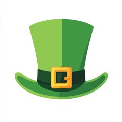 A bright green leprechaun hat with a black band and gold buckle, often associated with St. Patrick's Day and Irish culture.