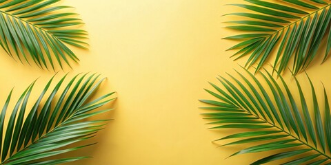 Fototapeta premium Tropical Paradise Four Lush Palm Fronds Arranged on a Sunny Yellow Background, Creating a Vibrant and Relaxing Summer Scene