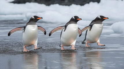 Obraz premium Three Gentoo penguins waddling across the beach. The sun reflecting off the wet sand, with ice floes in the background. The penguins are enjoying the warm weather.