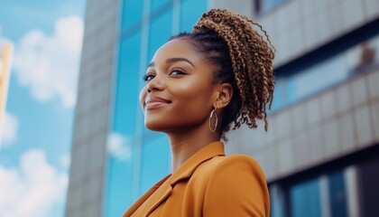 Smiling African American Businesswoman With Afro Braids In Stylish Outfit Standing By Building And Looking Away Confidently From Side.