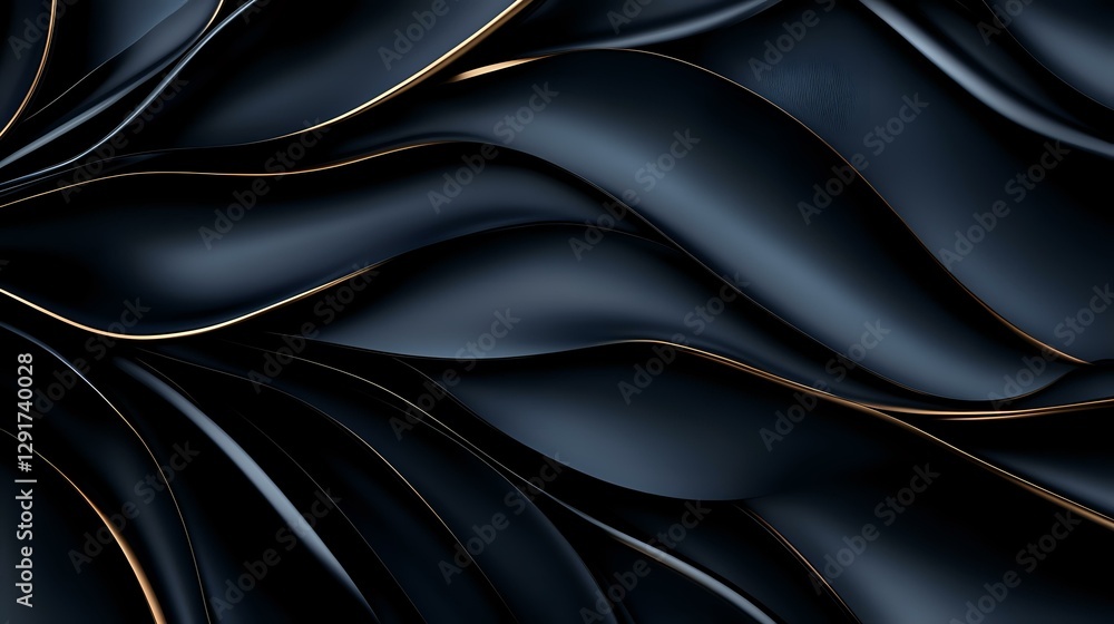 Poster Luxurious black waves with golden edges create elegant abstract background pattern. Dark flowing curves form sophisticated modern design texture for premium layouts.