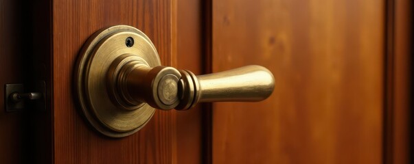 Obraz premium Brass door handle with latch on veneer wood door, hardware, wood, brass