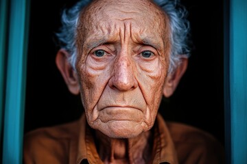 Obraz premium Elderly man gazes thoughtfully from a window, revealing a lifetime of experiences and emotions in his weathered face