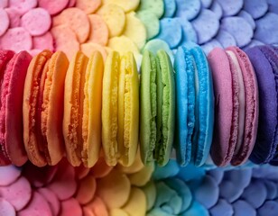 Primer plano de gruesas galletas dispuestas en filas simulando el arcoiris, mostrando su textura y patrones. El fondo es neutro para resaltar los detalles de cada cookie. alta resolución y alta calida