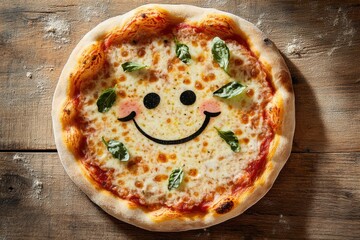 Bright and cheerful pizza with smiley face made from cheese and basil on wooden table