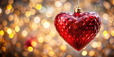 A radiant red heart-shaped ornament, shimmering with festive sparkle, hangs delicately against a backdrop of warm, glowing lights, symbolizing love and celebration.