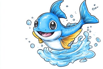 a 2D cartoon illustration of a goldfish jumping out of water, lively and fun, white background
