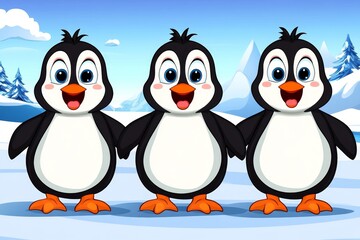 Naklejka premium a 2D cartoon illustration of a group of penguins standing on ice, cute and chilly, white background