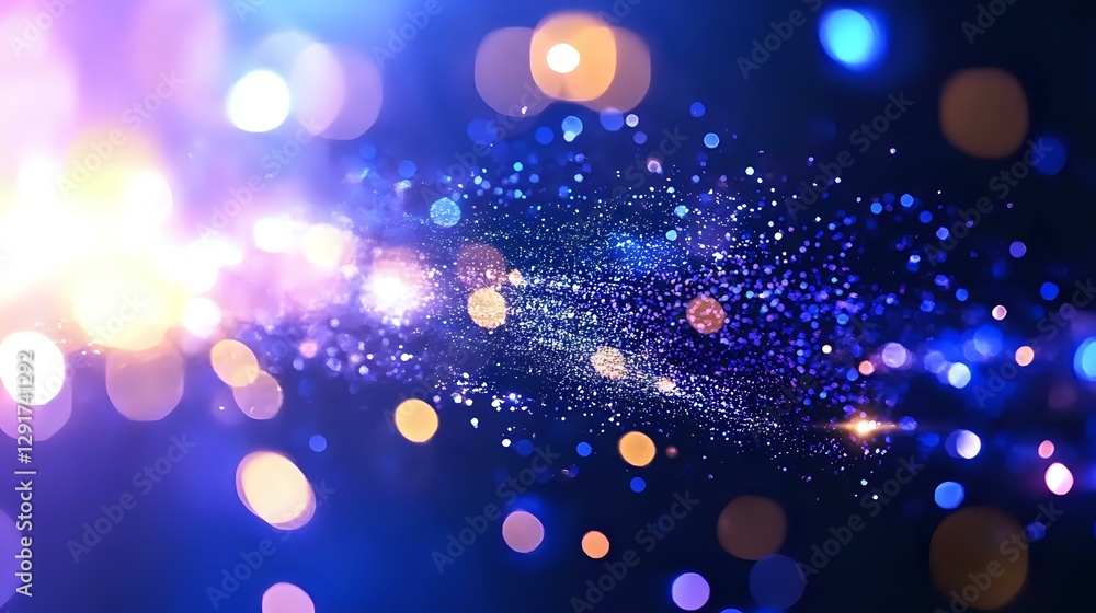 Poster magical glowing particles and bokeh lights on dark blue background create dreamy atmosphere with spa