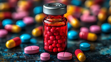 Medical glass vial with red pills and scattered colorful medicine tablets on dark background, pharmaceutical and healthcare concept, macro photography.