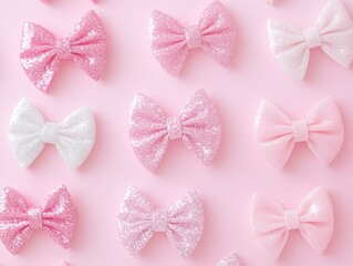 Collection of glittery pink and white bows arranged on a soft pink background for decoration or crafts