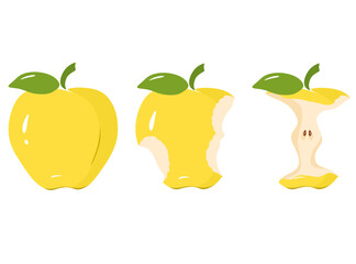 Vector depicting three juicy yellow apples, one whole and the other two bitten