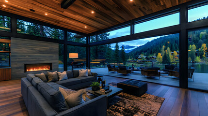 Modern mountain home living room twilight view (1)