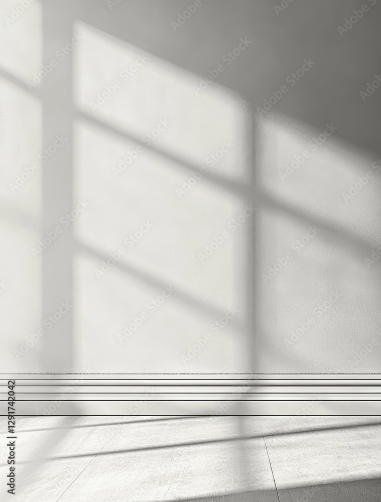 Poster light streaming through large windows illuminates a minimalist room with elegant moldings in soft mo