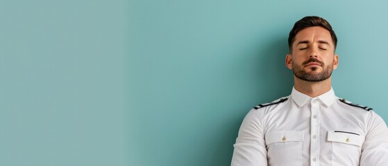 Fototapeta premium Calm Man in White Shirt Eyes Closed Teal Background Relaxed Pose Studio Shot
